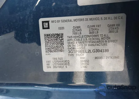 2020 GMC Sierra 1500 4Wd Short Box At4 из США, поврежденный, VIN 3GTP9EEL2LG304189